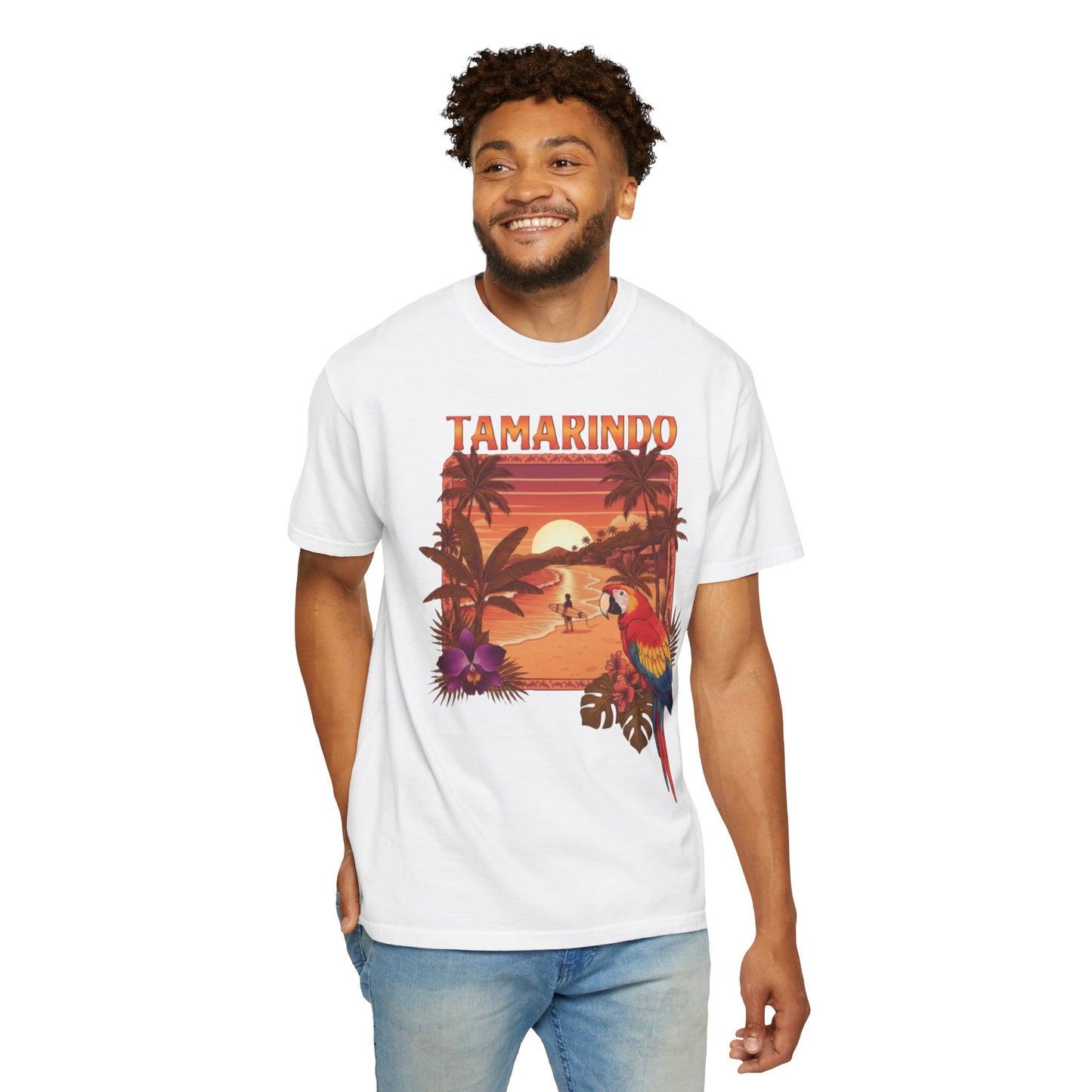 Tamarindo Sunset Beach T-Shirt — Tropical Parrot Vacation Tee