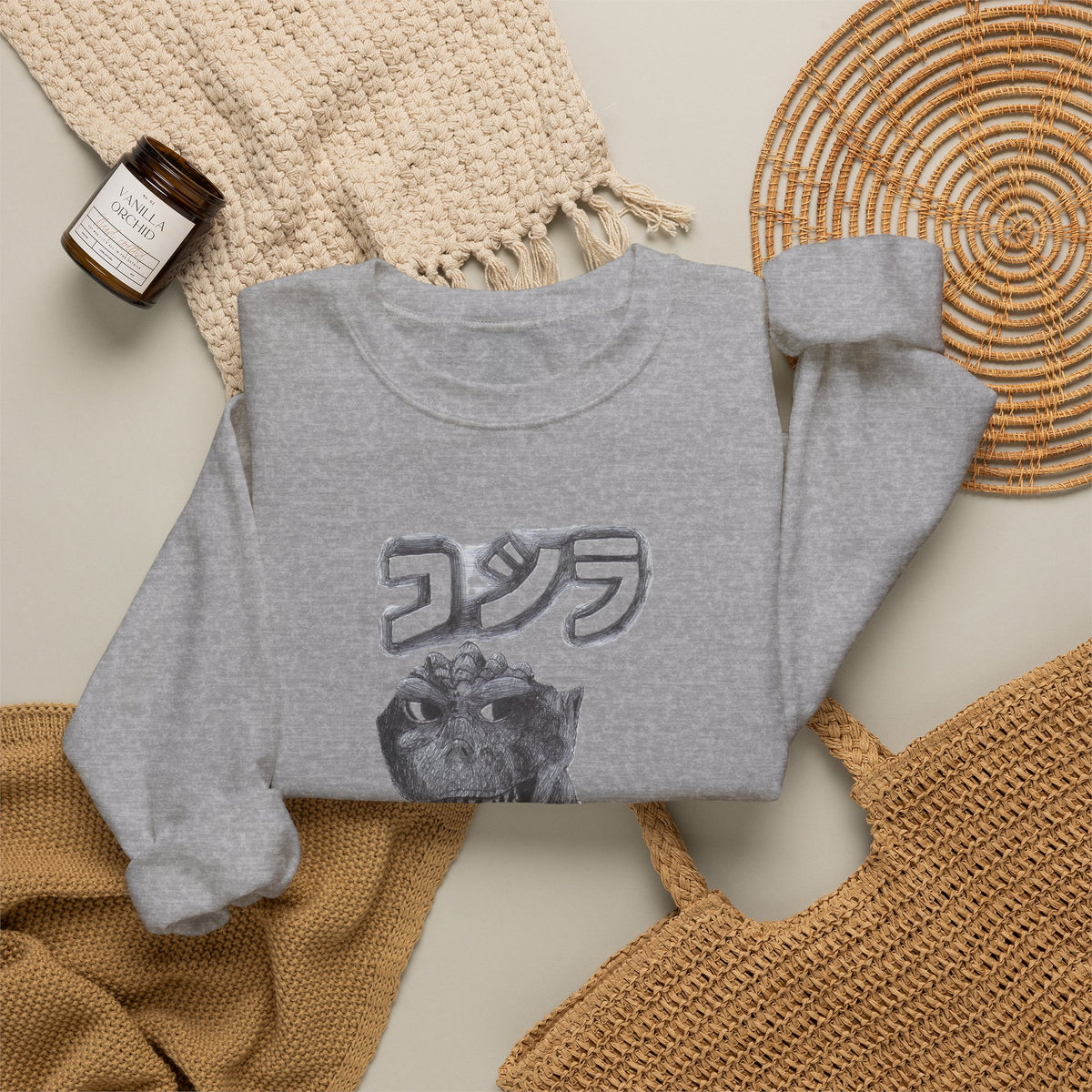 Godzilla Graphic Sweatshirt with Japanese Text (コジラ) – Retro Monster Crewneck