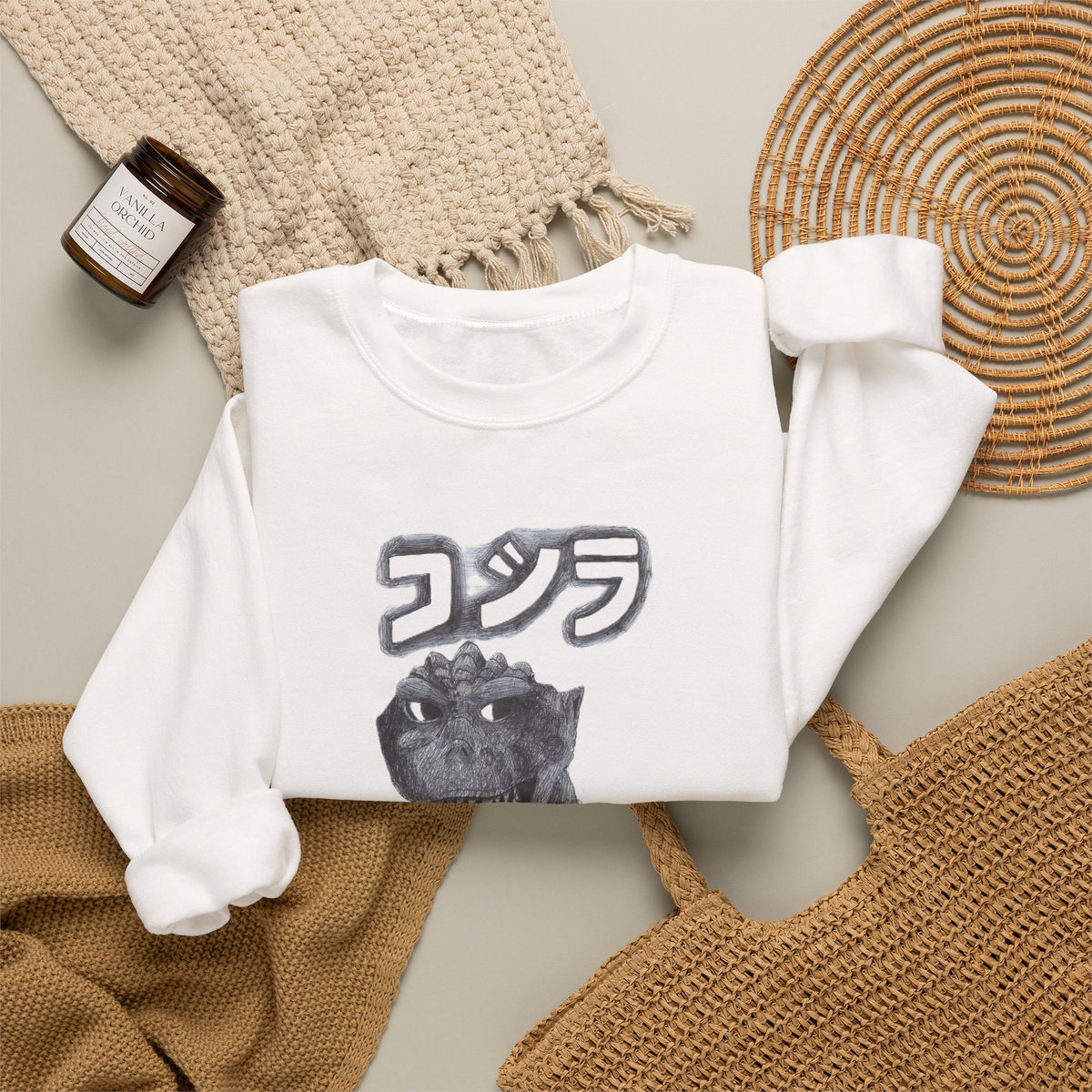 Godzilla Graphic Sweatshirt with Japanese Text (コジラ) – Retro Monster Crewneck