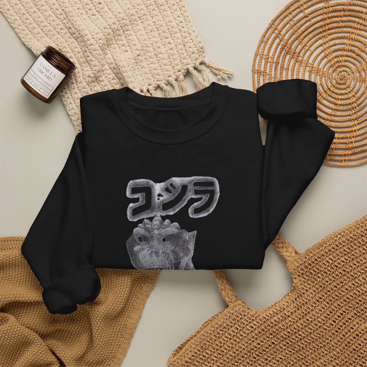 Godzilla Graphic Sweatshirt with Japanese Text (コジラ) – Retro Monster Crewneck